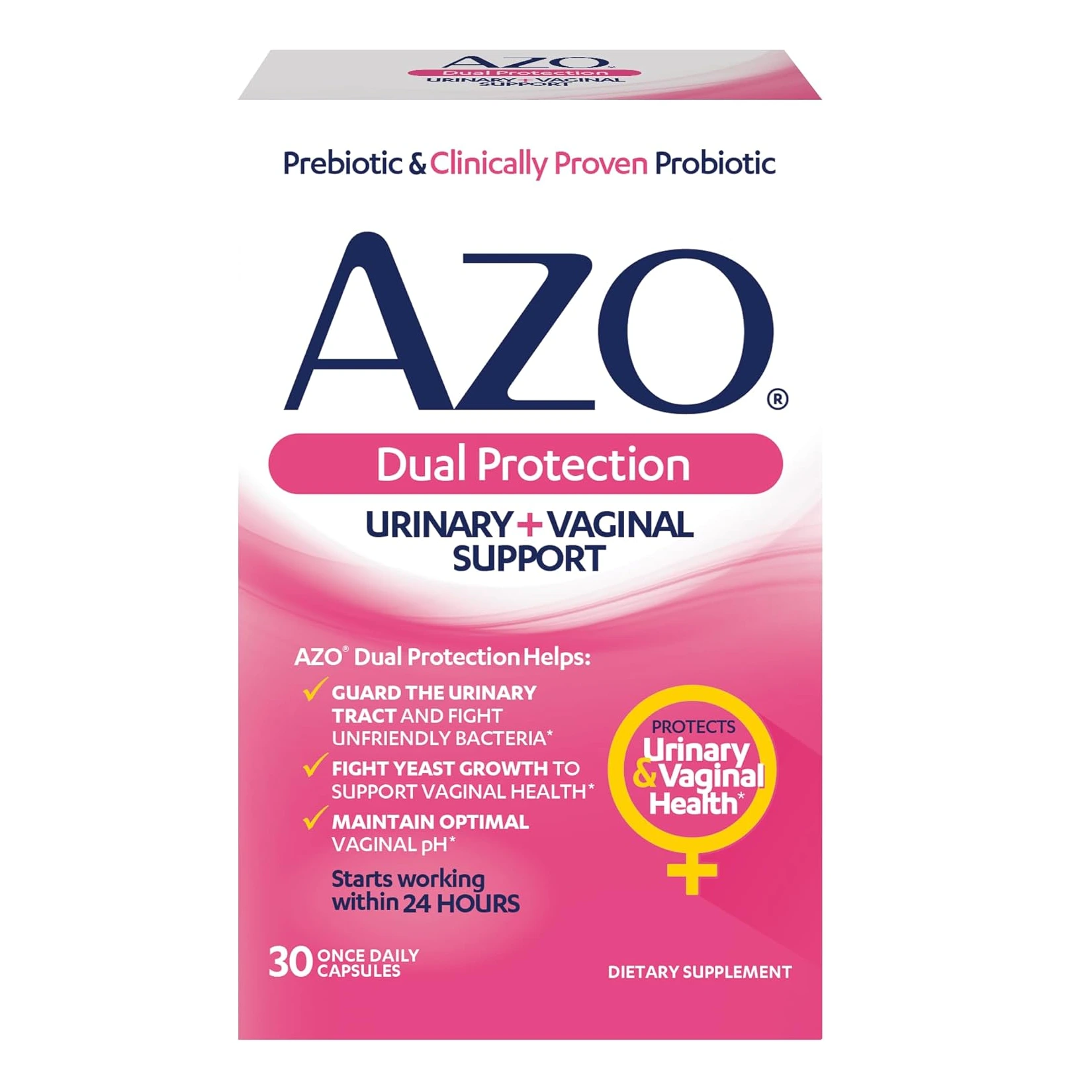 AZO Dual Protection, 30 Capsules, Urinary & Vaginal Support with Prebiotics and Probiotics | Supplenation