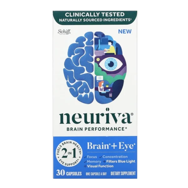 NEURIVA Brain + Eye, 30 Capsules, Memory, Focus, Eye Health with Lutein and Zeaxanthin