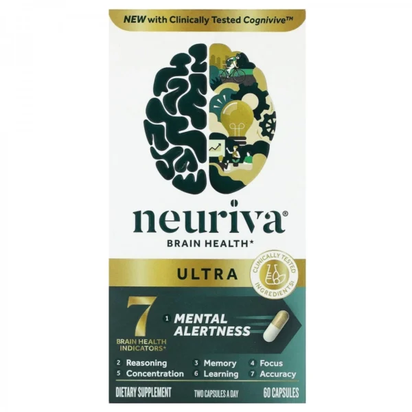 NEURIVA Ultra Brain Supplement, 60 Capsules, Memory, Focus & Mental Alertness, Decaffeinated