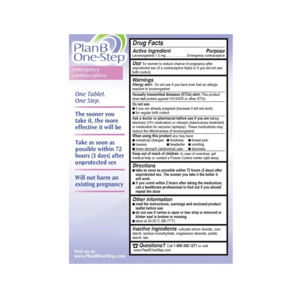 Plan B One-Step, 1 Tablet, Emergency Contraceptive 1.5 mg - Image 3