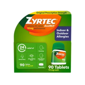 zyrtec 24-hour allergy relief tablets 10mg cetirizine hcl 90 count indoor outdoor allergy support main photo