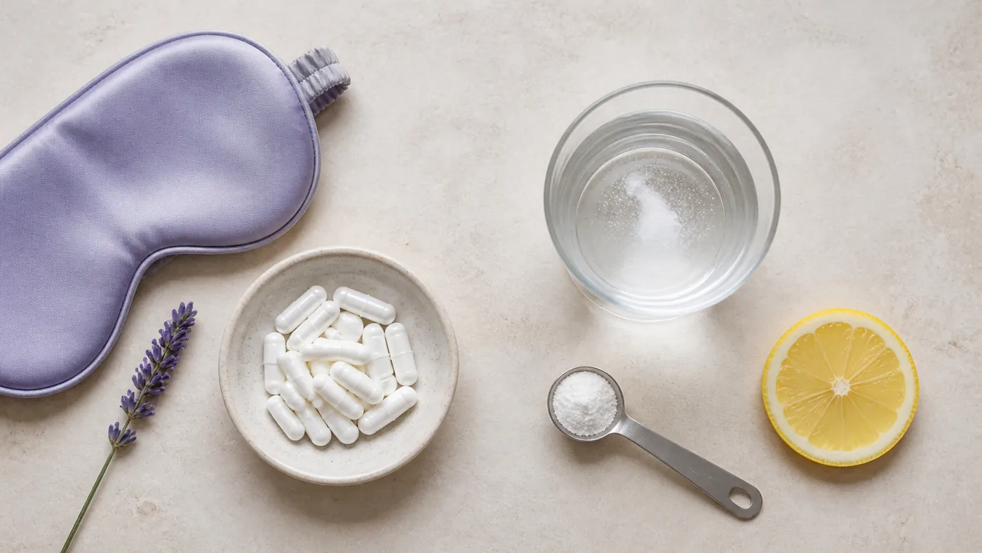 Magnesium Glycinate vs Citrate: Which One and When 2 Flat lay comparing magnesium glycinate capsules in a dish with a sleep mask, and magnesium citrate powder dissolving in a glass of water with a lemon slice