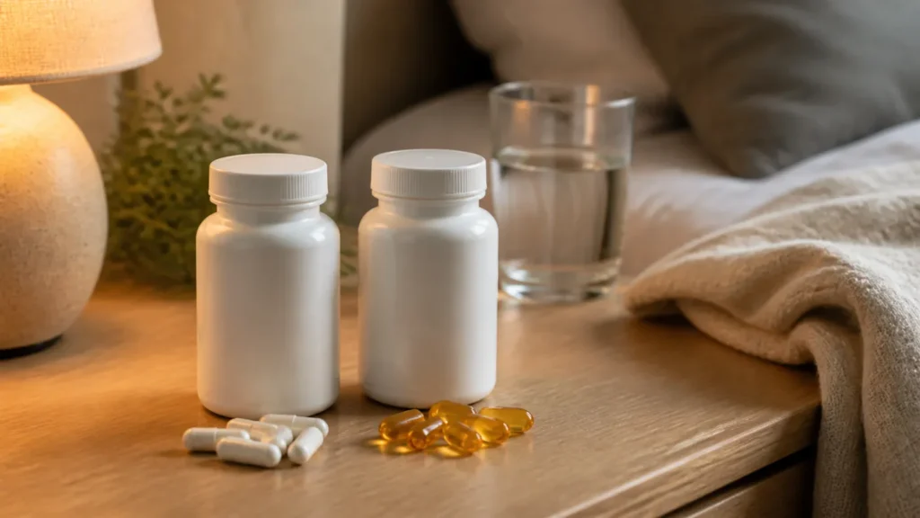 Magnesium Glycinate vs Citrate: Which One and When 1 Two plain supplement bottles on a bedside table, one with white magnesium glycinate capsules and one with amber capsules, beside a glass of water