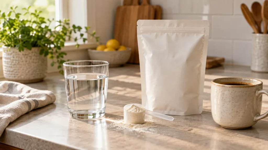 Unflavored collagen peptide powder spilling from a plain pouch on a kitchen counter next to a glass of water and a mug of coffee