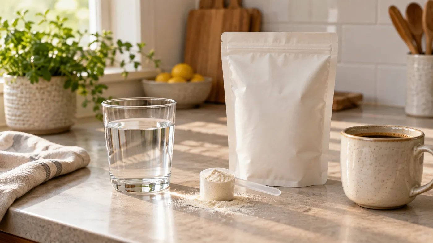 Collagen Supplements: What the Evidence Actually Says 1 Unflavored collagen peptide powder spilling from a plain pouch on a kitchen counter next to a glass of water and a mug of coffee