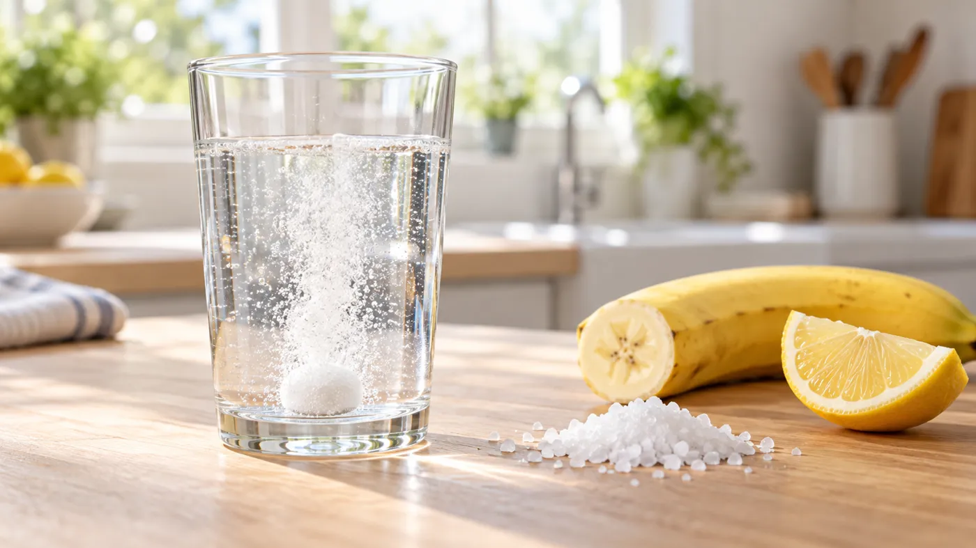 Electrolytes: When You Actually Need Them 2 Electrolyte tablet dissolving in a glass of water next to coarse salt, a banana and a lemon wedge on a kitchen counter