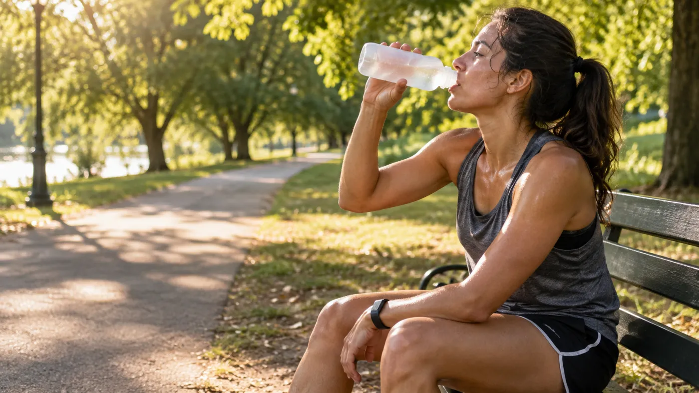Electrolytes: When You Actually Need Them 3 Runner resting on a park bench on a hot afternoon, drinking from a sports bottle after a long run