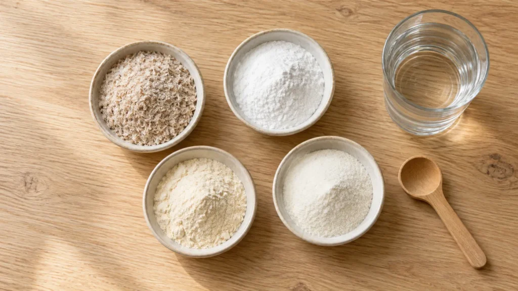 Four bowls of fiber supplement powders, coarse psyllium husk, inulin, acacia fiber and wheat dextrin, beside a full glass of water