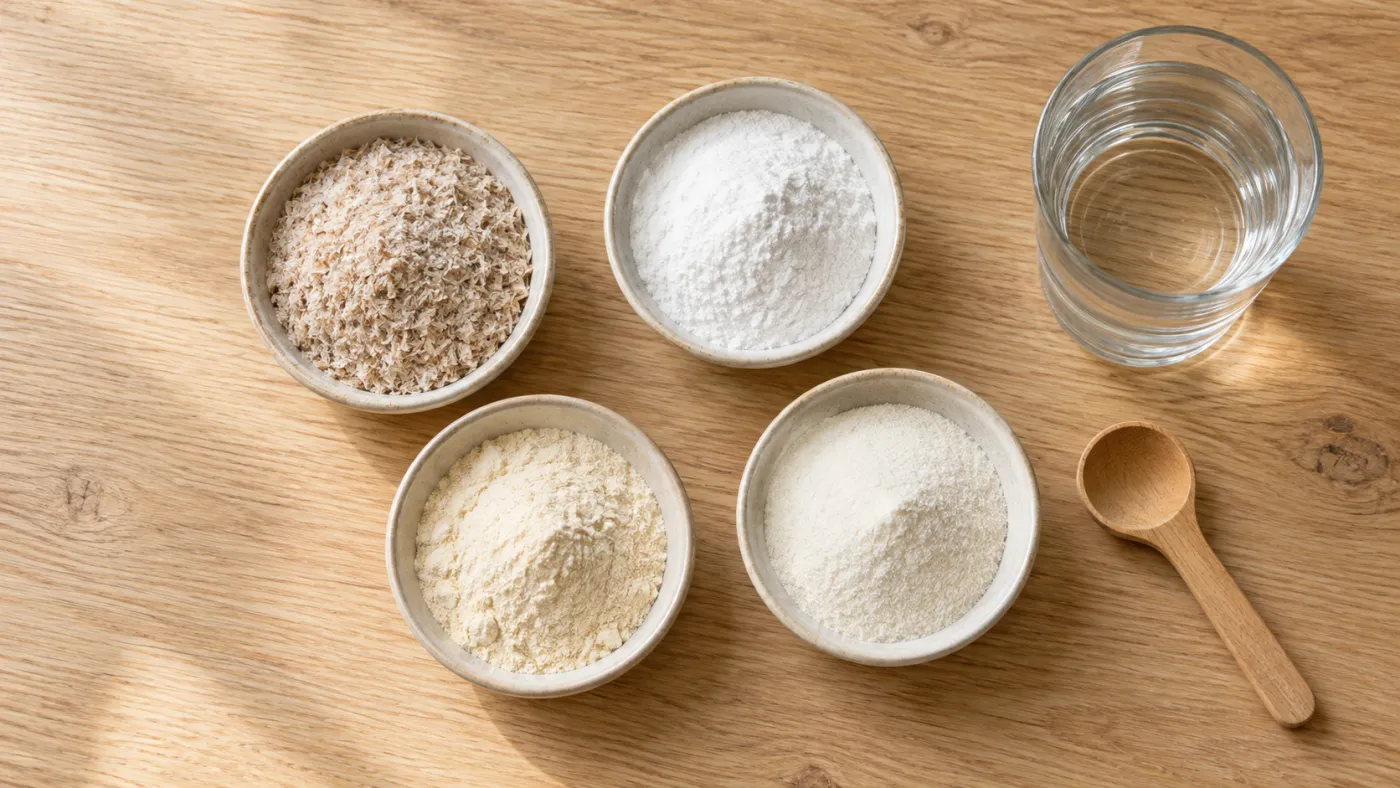 Fiber Supplements Compared: Psyllium, Inulin and More 1 Four bowls of fiber supplement powders, coarse psyllium husk, inulin, acacia fiber and wheat dextrin, beside a full glass of water