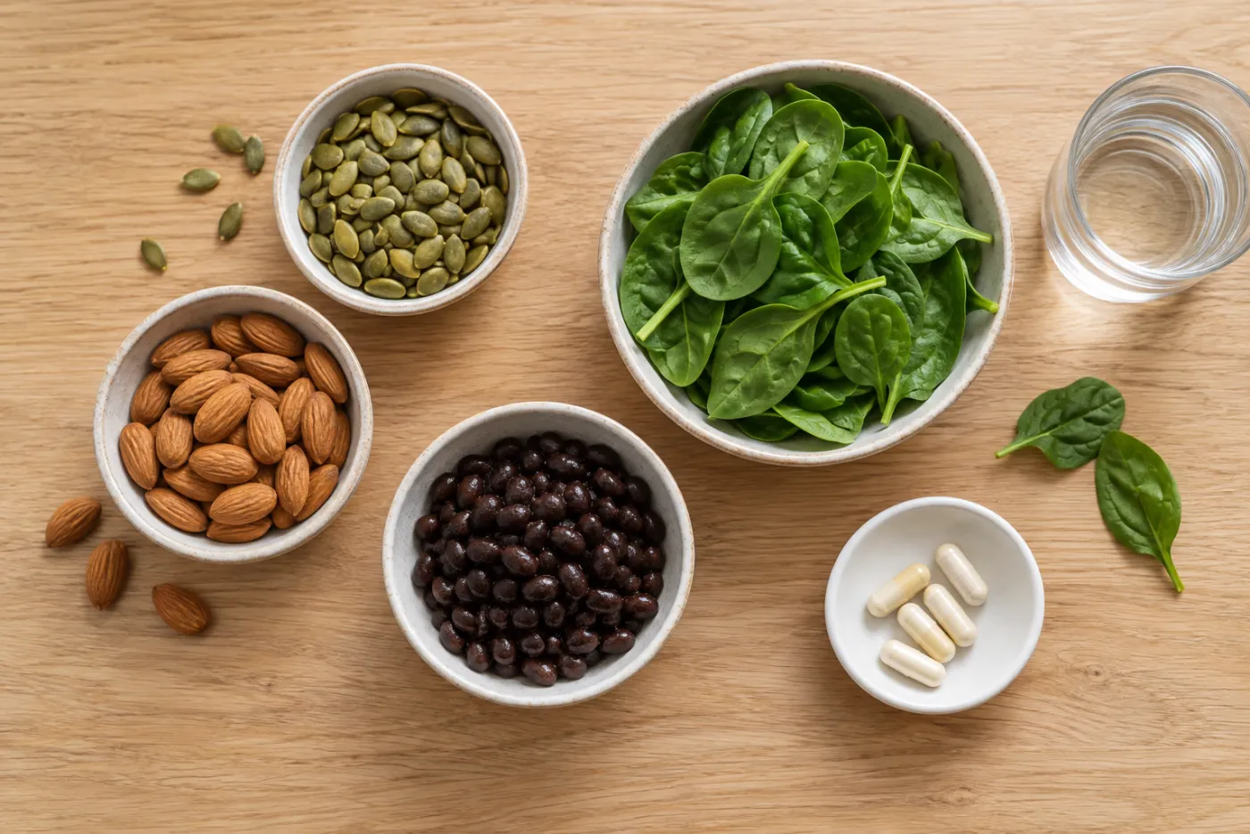 Magnesium Citrate: What It Is Actually Good For 4 Bowls of pumpkin seeds, almonds, black beans and spinach beside a small dish of magnesium supplement capsules and a glass of water