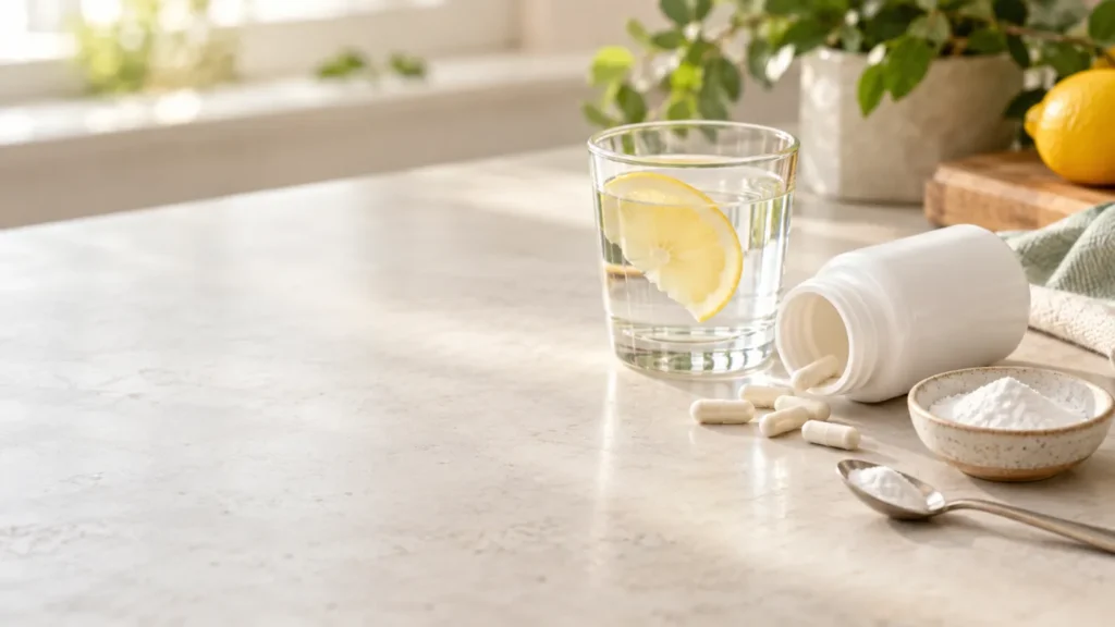 Glass of water with a lemon slice, an open white supplement bottle with spilled capsules and a small dish of magnesium citrate powder on a kitchen counter