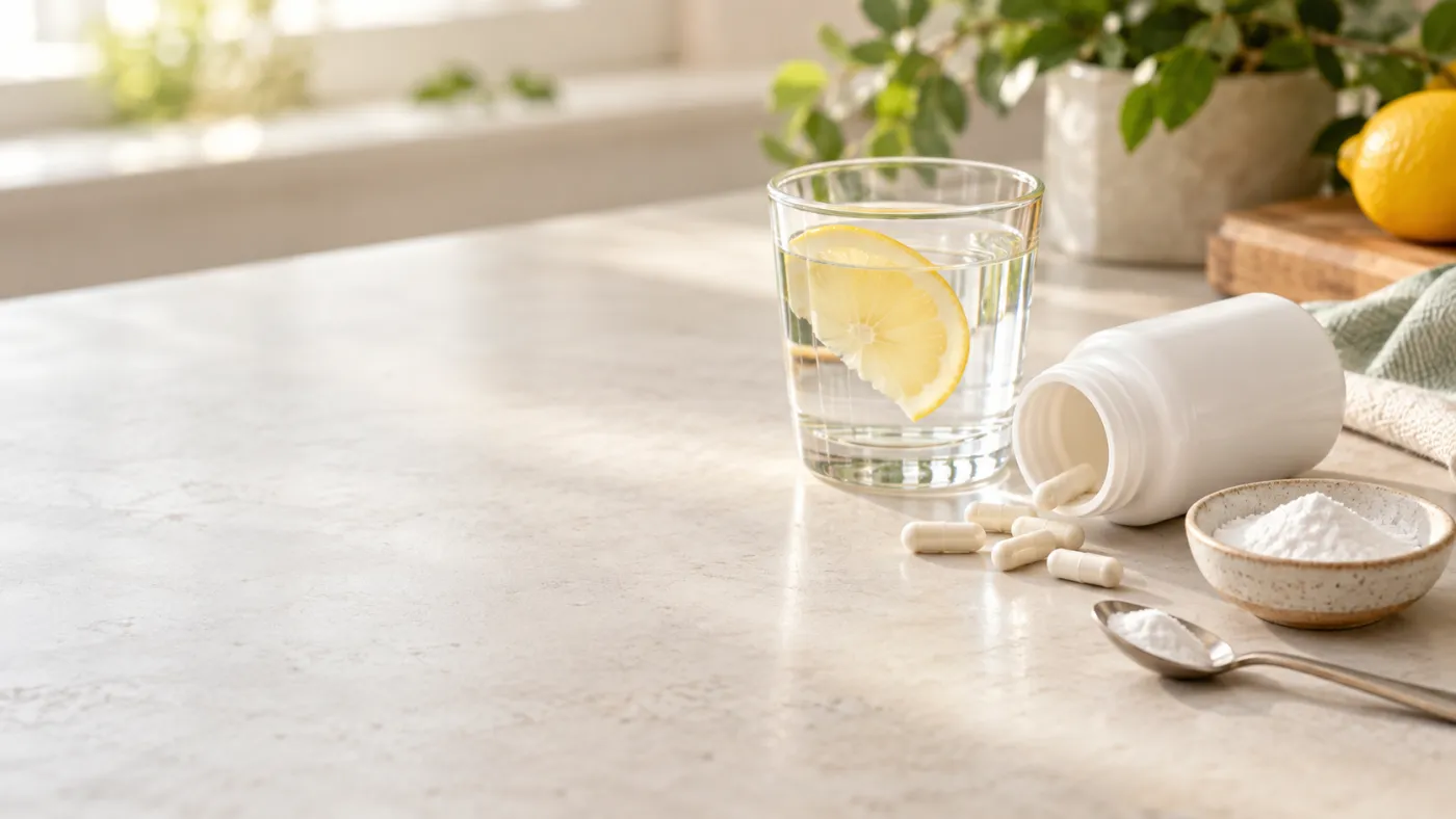 Magnesium Citrate: What It Is Actually Good For 2 Glass of water with a lemon slice, an open white supplement bottle with spilled capsules and a small dish of magnesium citrate powder on a kitchen counter