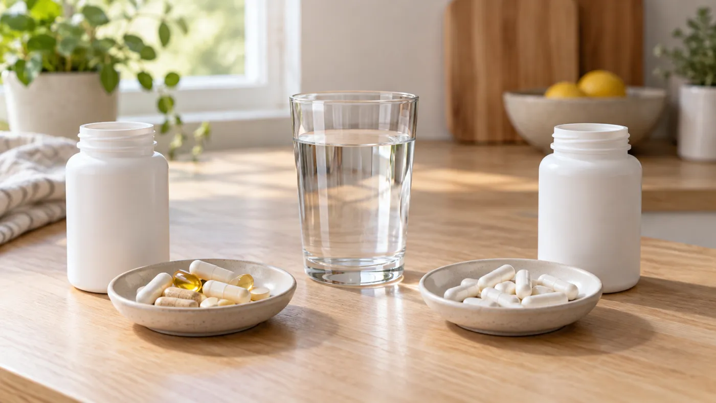 Magnesium Complex vs Single-Form: Which Blend Is Worth It 2 Two plain supplement bottles on a kitchen counter, one with a dish of mixed capsules representing a magnesium complex and one with identical white capsules representing a single-form magnesium