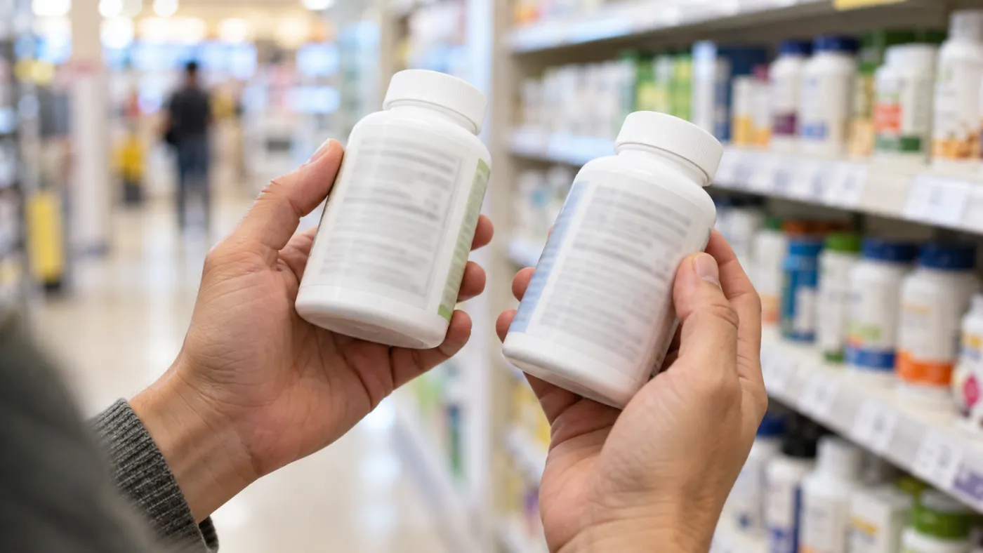 How to Pick a Magnesium Glycinate That Actually Absorbs 3 Shopper comparing the Supplement Facts panels on two magnesium supplement bottles in a store aisle