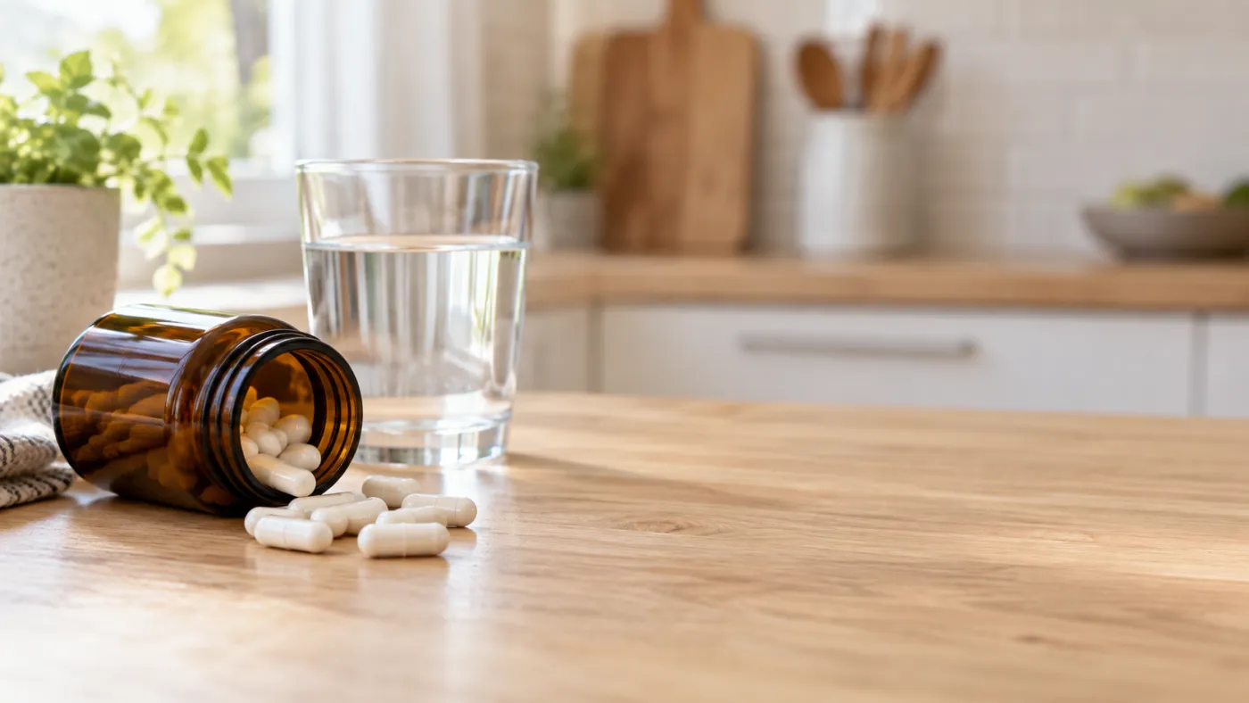 How to Pick a Magnesium Glycinate That Actually Absorbs 2 Amber jar of white magnesium glycinate capsules spilled on a kitchen counter next to a glass of water
