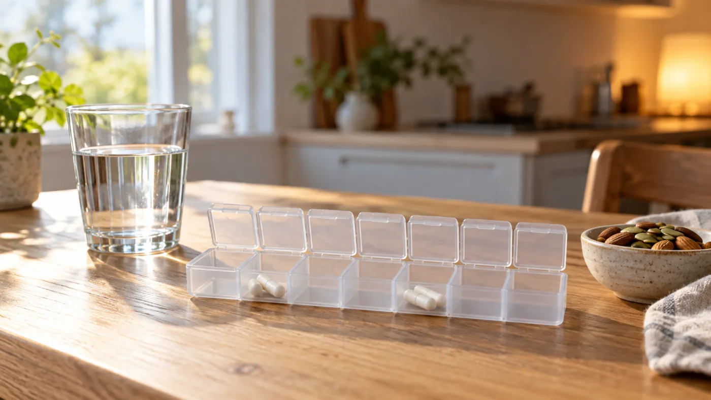 Magnesium Dosage and Timing: Morning or Night 2 Seven-day pill organizer with white magnesium capsules on an oak kitchen table, lit by morning sun on one side and evening lamplight on the other