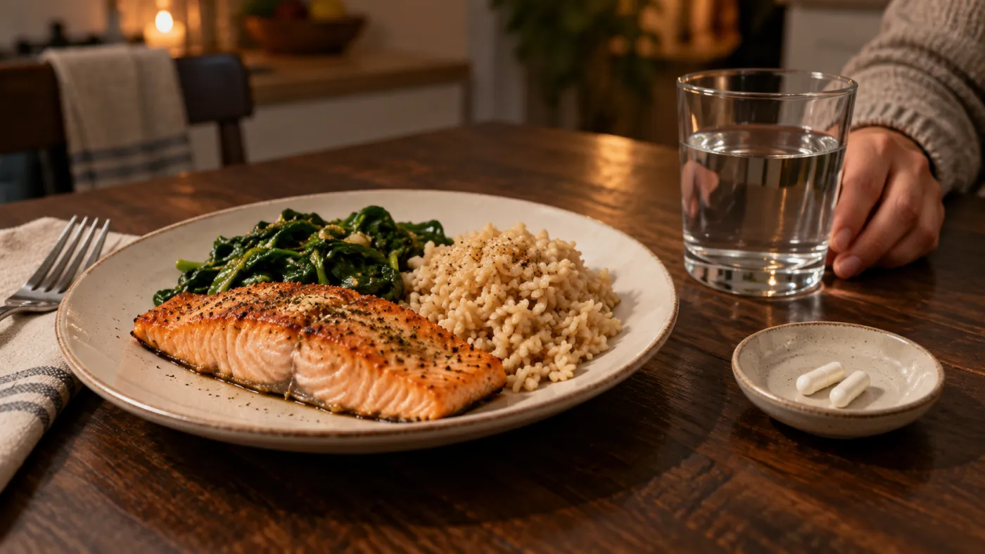 Magnesium Dosage and Timing: Morning or Night 3 Dinner plate of salmon, spinach and brown rice with two white magnesium capsules and a glass of water in warm evening light