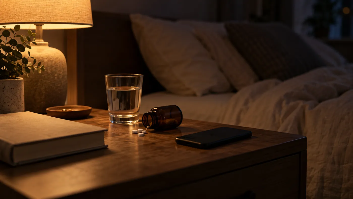 Melatonin Dosage: How Much Actually Helps Sleep 1 Bedside table at night with a warm lamp, a glass of water and a few small white melatonin tablets beside a tipped amber bottle