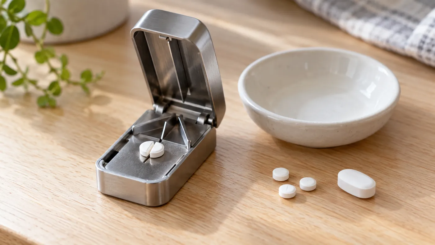 Melatonin Dosage: How Much Actually Helps Sleep 2 Pill splitter cutting a small white tablet in half next to whole low-dose tablets and one larger tablet for comparison