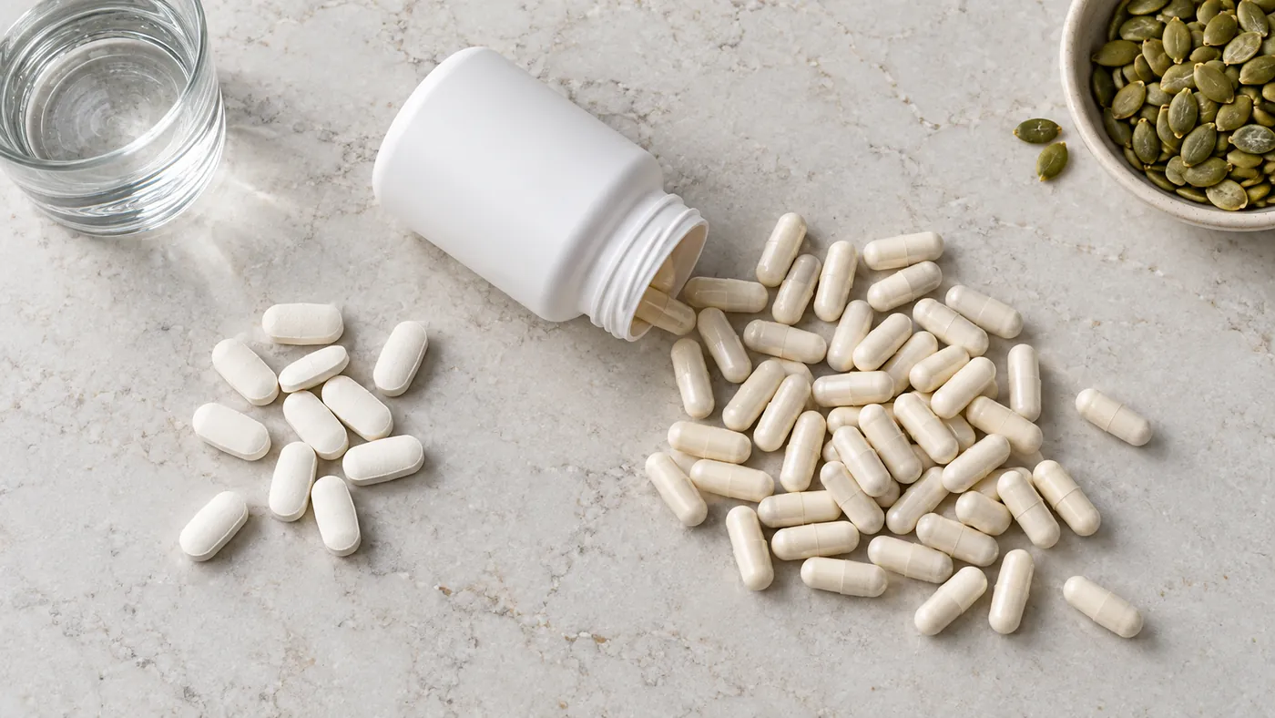 Chelated Magnesium: What the Label Means 3 White oblong tablets beside a larger pile of cream capsules spilling from a plain bottle, with water and pumpkin seeds